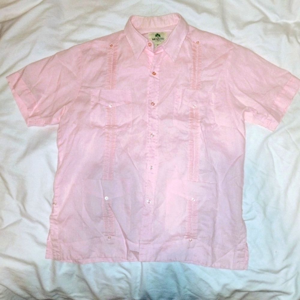 Men's Mojito Guayabera Cuban Style 100% Linen Pink Short Sleeve Shirt Size XL